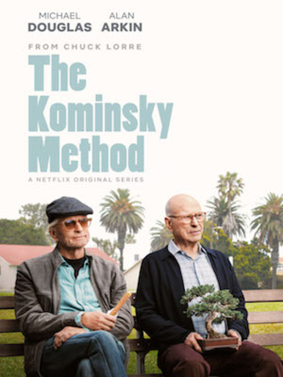 Two old men sitting on a bench for poster for The Kominsky Method