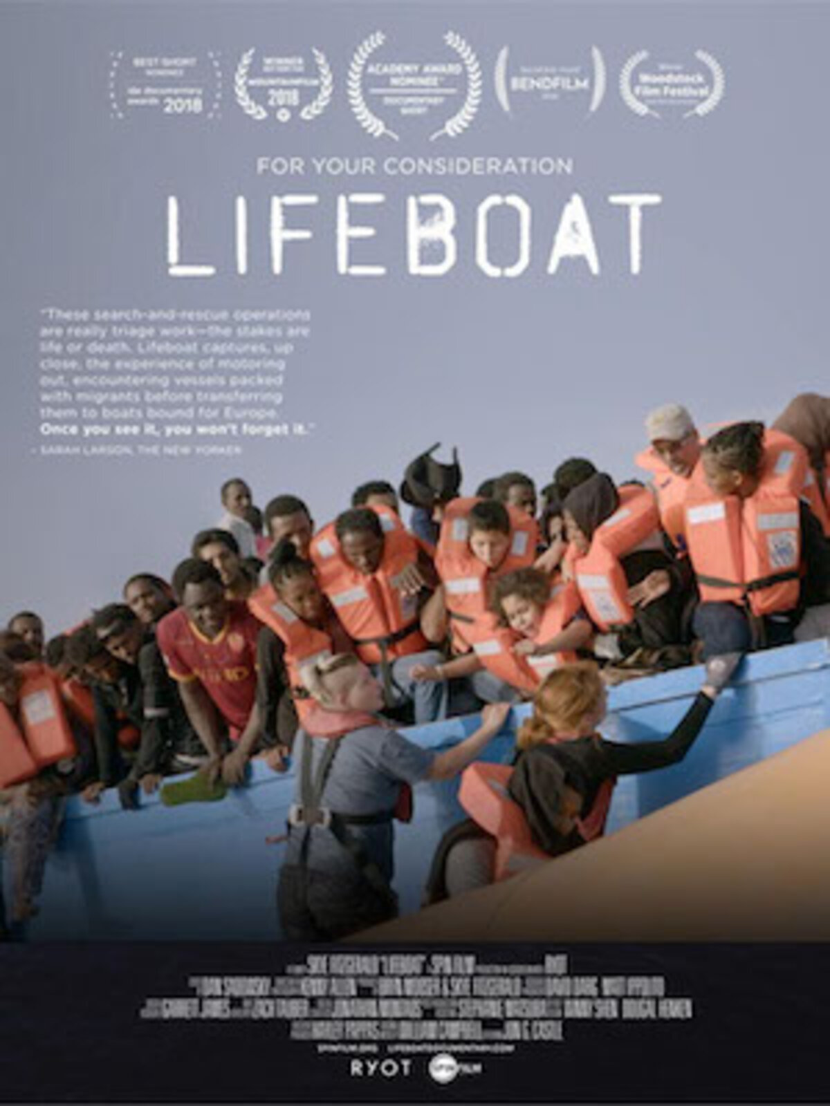 a movie poster for Lifeboat of a group of refugees wearing life jackets on a boat. 