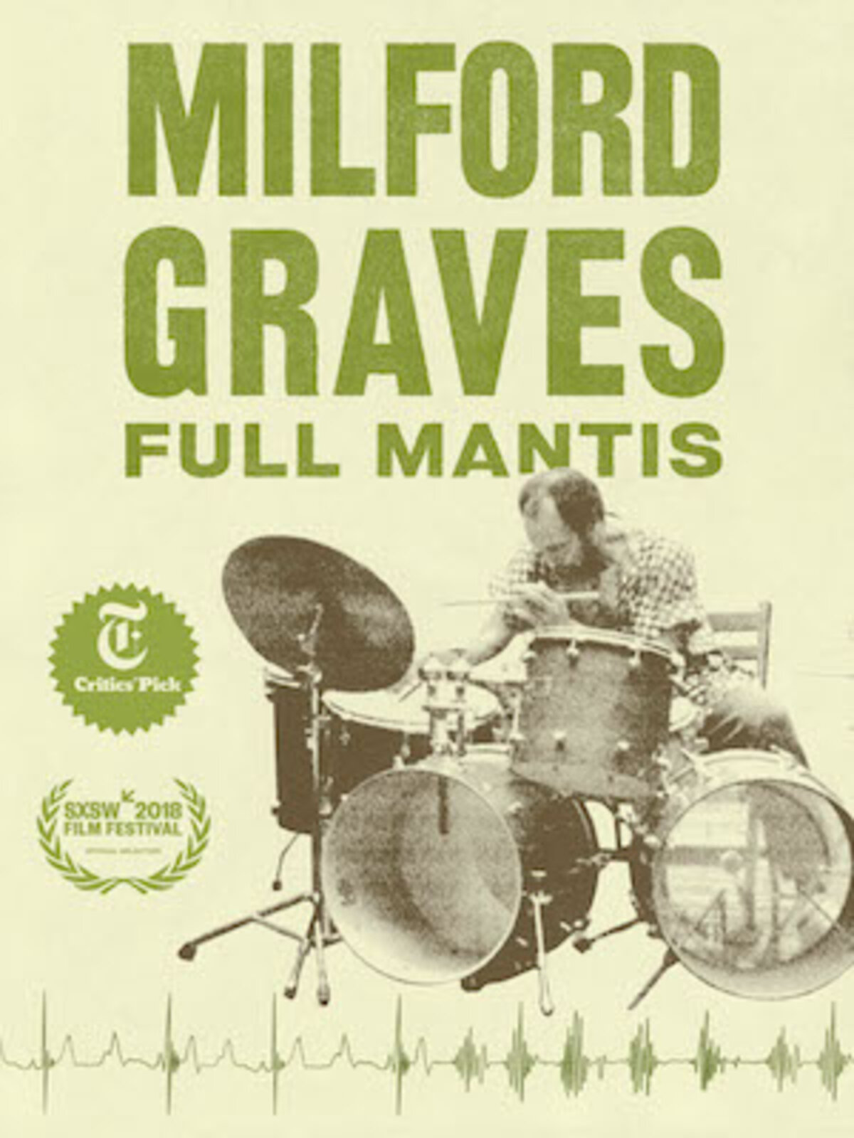 A sketch portrait of Milford Graves playing the drums for Milford Graves Full Mantis poster
