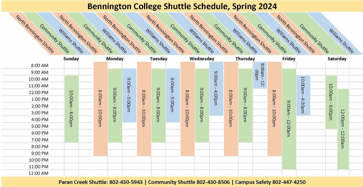 Bennington College shuttle schedule spring 2024