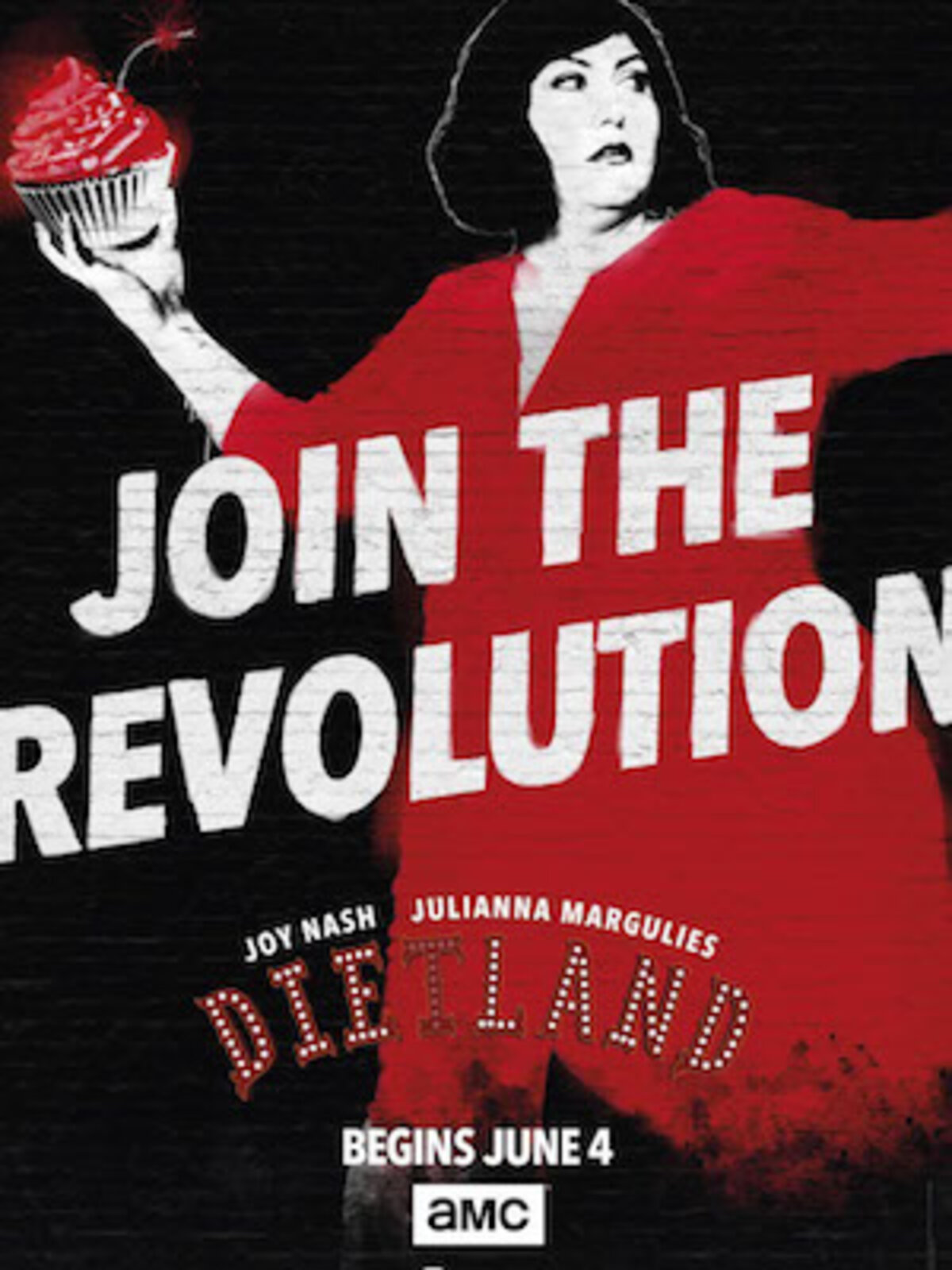 A woman in a red dress holding a cupcake with the text "Join the Revolution" for Dietland book cover