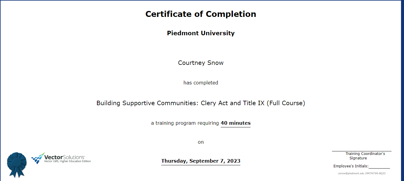 Courtney Snow training certificate of completion Title IX