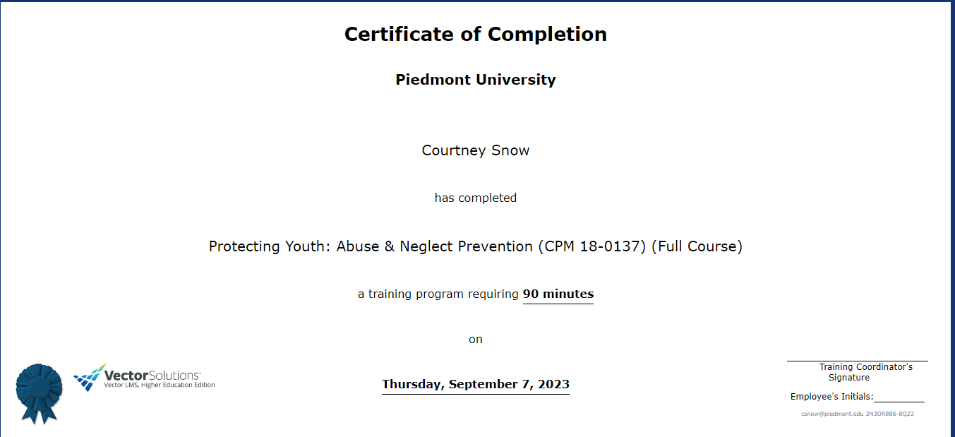 Courtney Snow training certificate of completion Protect Youth Course