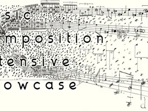 artistic music score with notes flying away with "Composition Intensive Showcase" printed across it