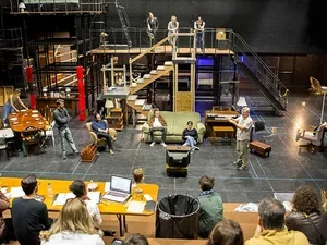 theatre sets and students in a black box theatre