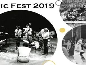 three Black and white photos of musicians on stage