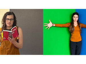 Two Bennington faculty members side by side: one reading a book, one posing with arms outstretched on a green-blue wall.