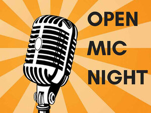 Illustration of a vintage microphone with orange and yellow beams, and bold text reading "OPEN MIC NIGHT"