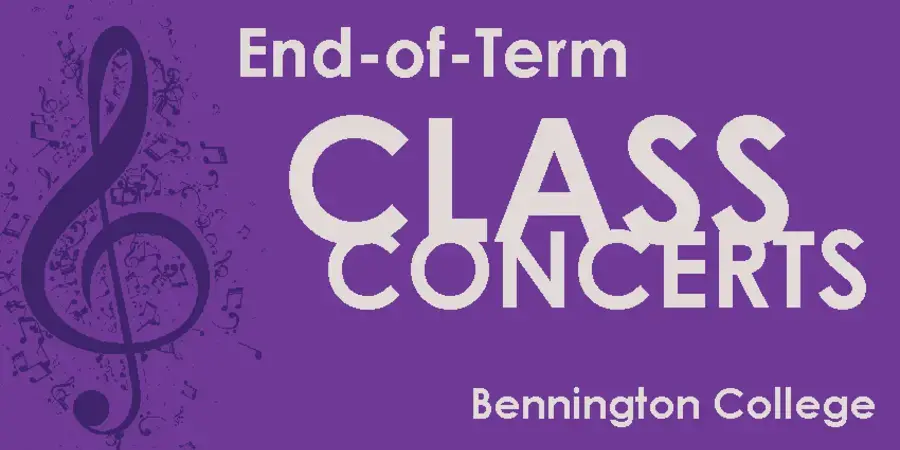 the words End of term class concerts on a purple background next to a musical note