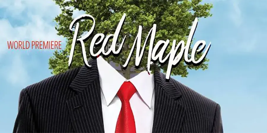 man's suit with red tie and with a tree where the head should be