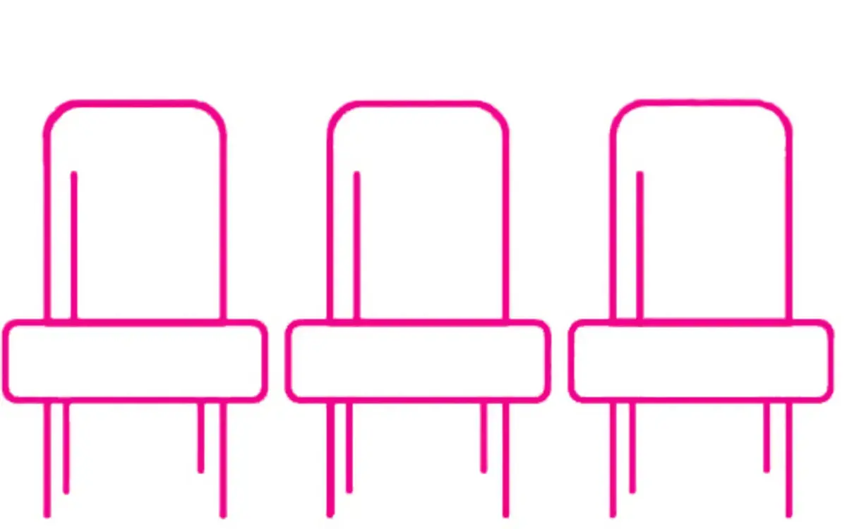 the outline of three chairs rendered in angular pink lines 
