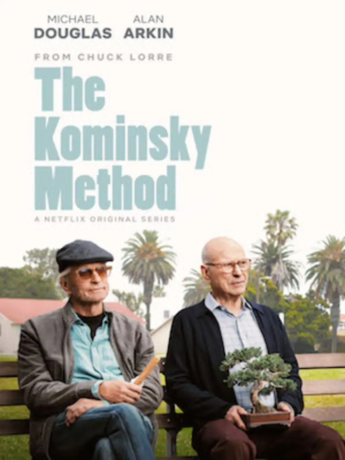 Two old men sitting on a bench for poster for The Kominsky Method