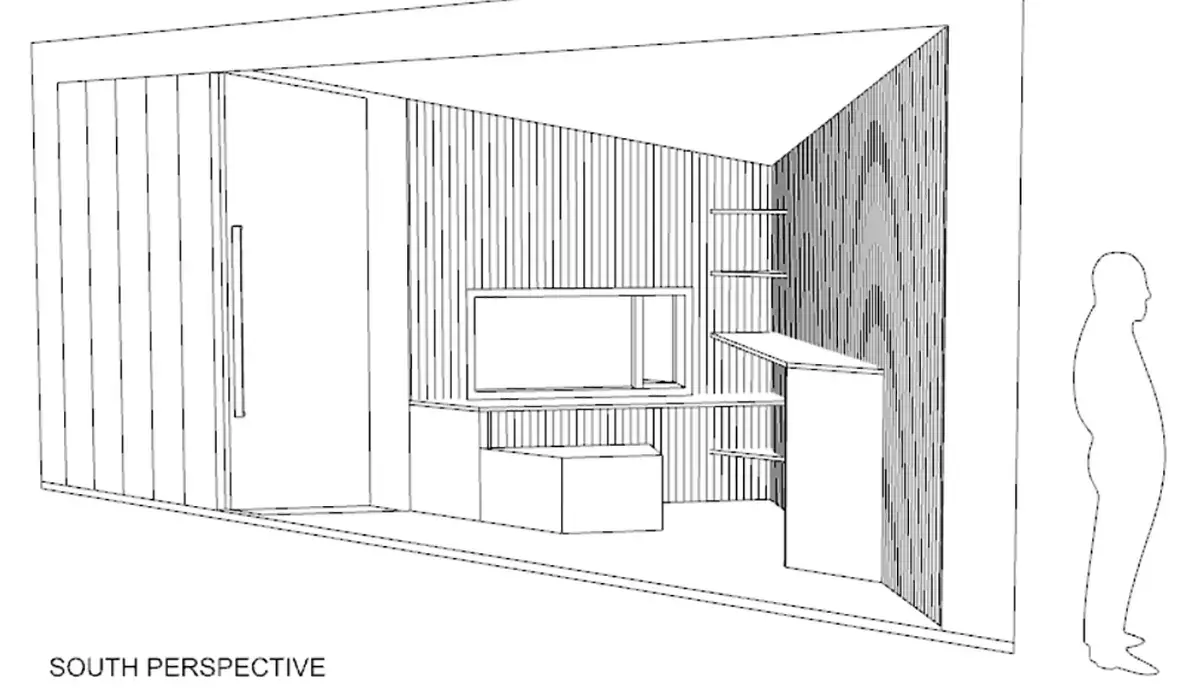 architects rendering of a house interior with a man for scale